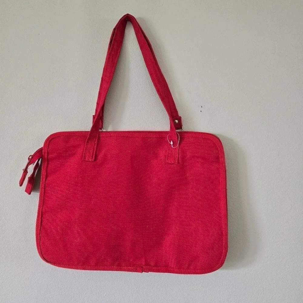 Holiday Fair  Red Canvas Briefcase Genuine‎ Leather Trim Vintage